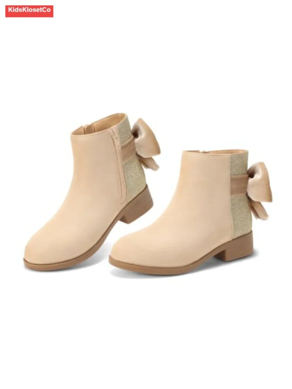 Girls Glitter Ankle Boots Bow Chunky Low Heel Zip Dress Booties Faux Suede Faux